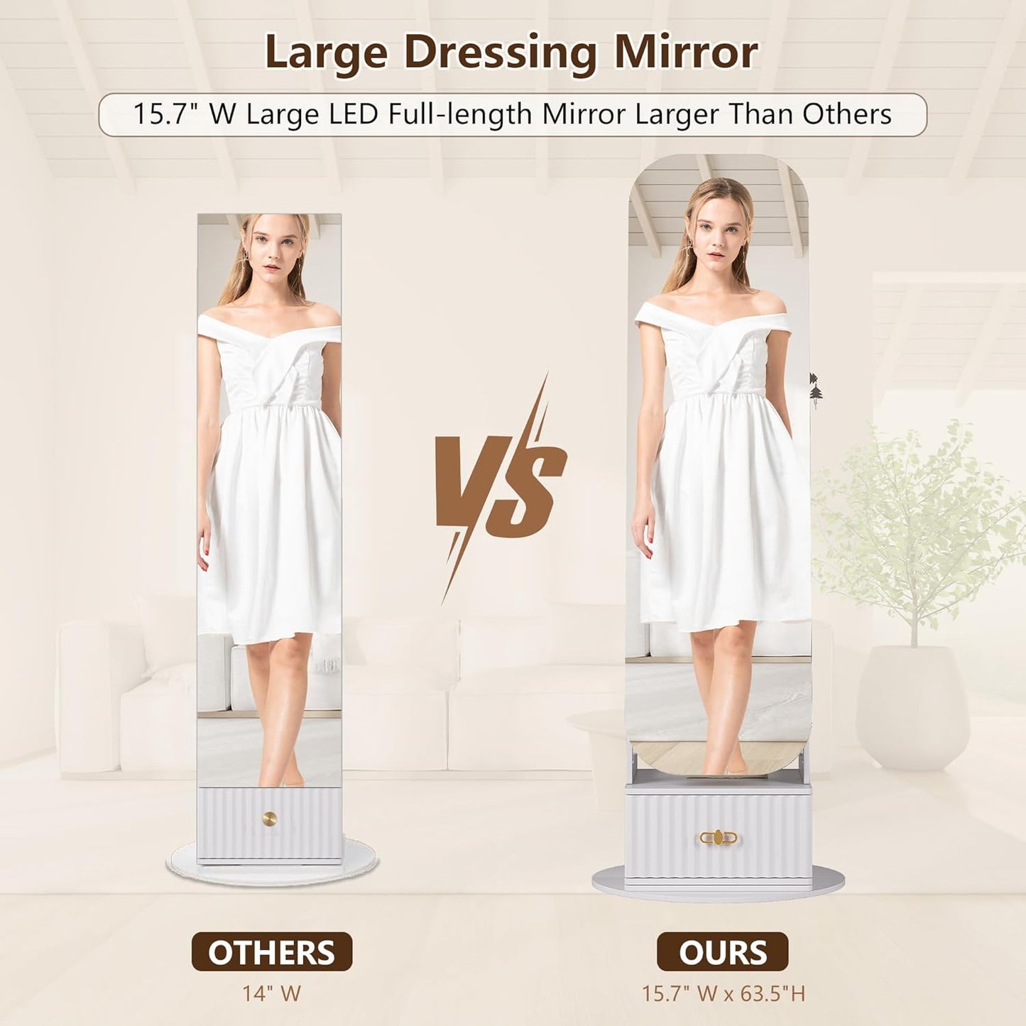 360°Swivel jewelry organizer with Full Length Mirror with Lights,Jewelry Armoires Cabinet Standing with Drawer,Large Mirror Storage for Jewelry and Makeup（White）
