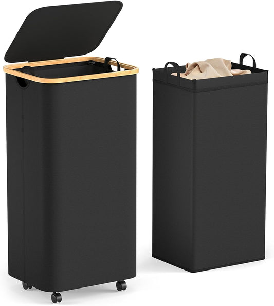 Yecaye 100L Large Capacity Laundry Hamper – Foldable Rolling Laundry Basket, Mobile Clothes Hamper with Wheels, Removable Inner Bag, Bamboo Handle Lid Laundry Bin – Multi-Use Storage, Black