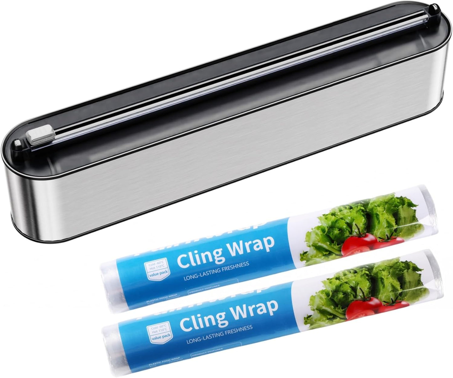 Aluminum Foil & Plastic Wrap Dispenser with Cutter - Magnetic & No-Drill Wall Mount, Stainless Steel Design, Space-Saving Kitchen Organizer for Worktops & Cabinets - Fits 12" Rolls, Silver