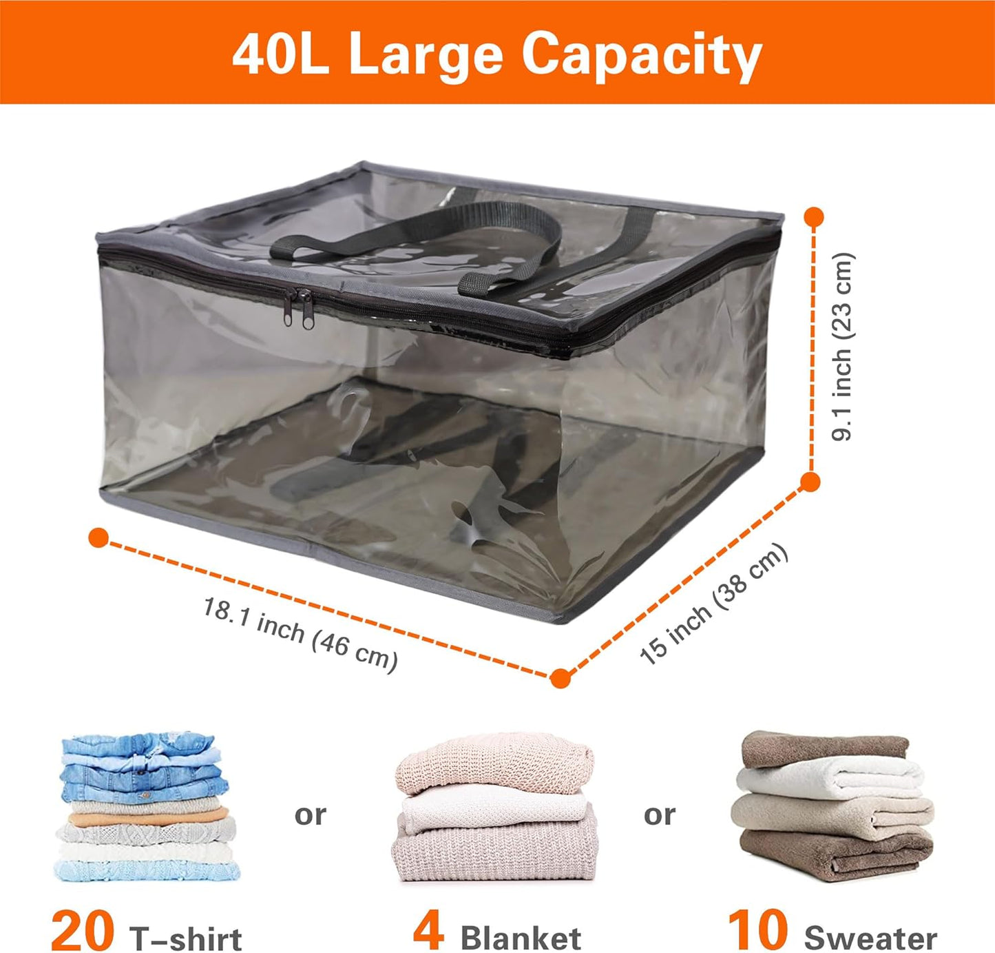 Vieshful Grey 40L Clear Clothes Storage Bag with Zipper 5 Pack Colorful Clothes Organizer Vinyl Storage Bag for Comforter, Blanket, Bedding, Duvet, Transparent Moving Totes, Grey
