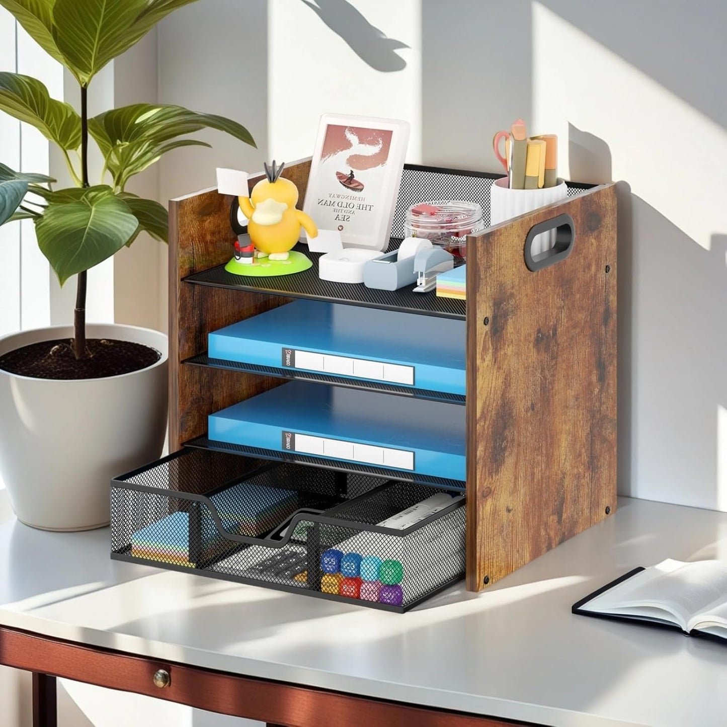 Wood Desk Organizer - 4-Tier Desktop File Organizer with Drawer, Wooden Paper Tray, Office Desk Organizer for Papers, Mail, Notebooks, Stationery