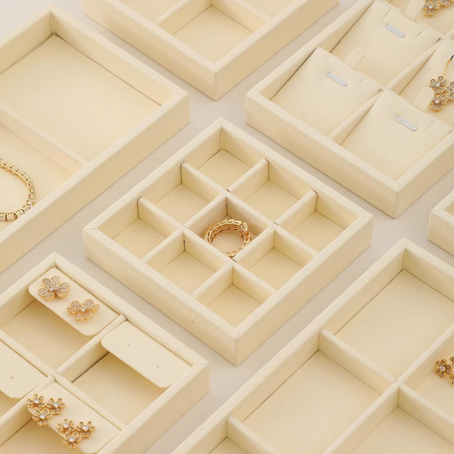 Dark Blue Jewelry Display Tray Ring Necklace Earring Bangle Organizer Multifunctional Storage Case for Jewelry Showcase (Small 9 Grids Tray(beige))