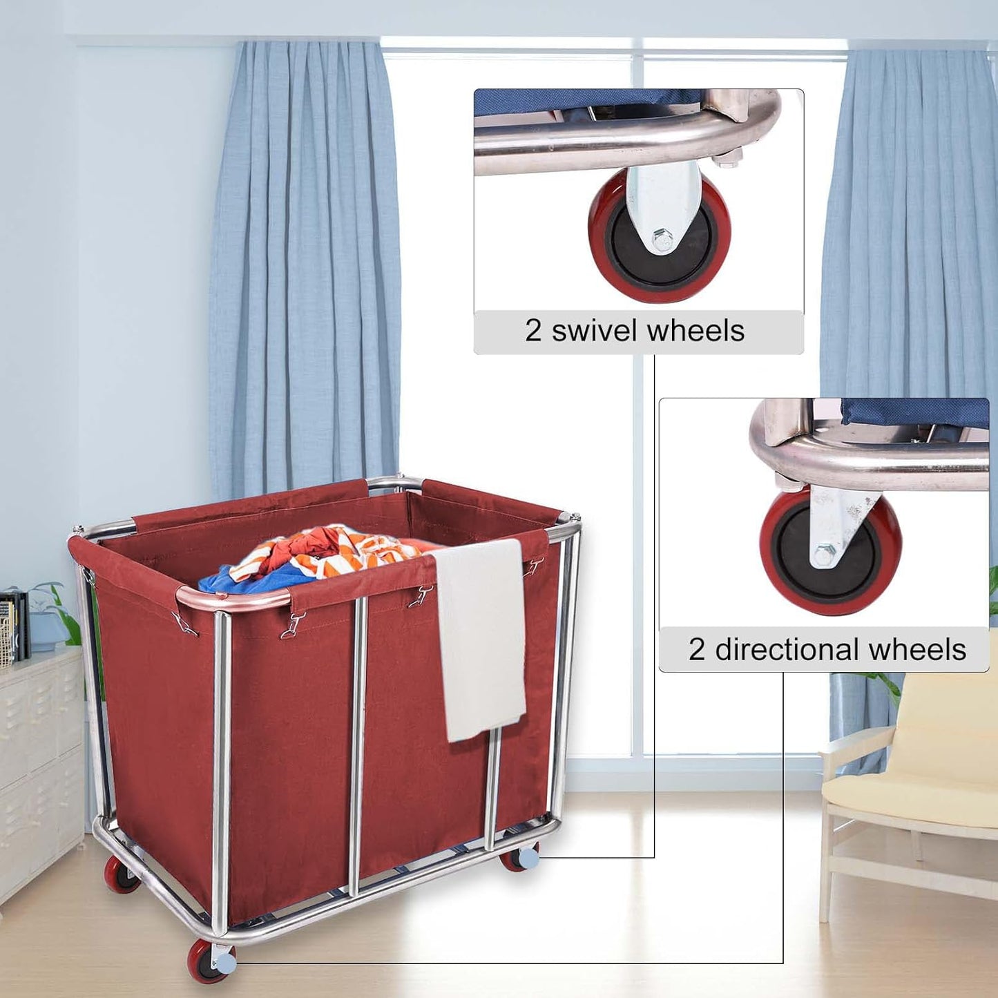 10 Bushels Laundry Cart Commercial/Home,Heavy Duty Large Stainless Steel Rolling Laundry Basket with Wheels，for Laundry Organizer and Storage,260LBS Load (Red)