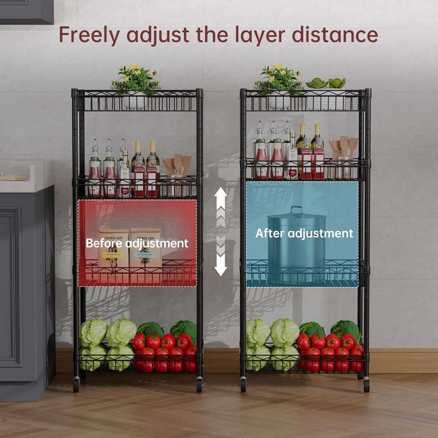 4 Tier Shelf Wire Shelving Unit Adjustable Storage Shelves Big Basket Rack Standing Units for Kitchen Closet Laundry Bathroom Organizers Metal Pantry Mesh 10" D x 16" W x 55" H Black