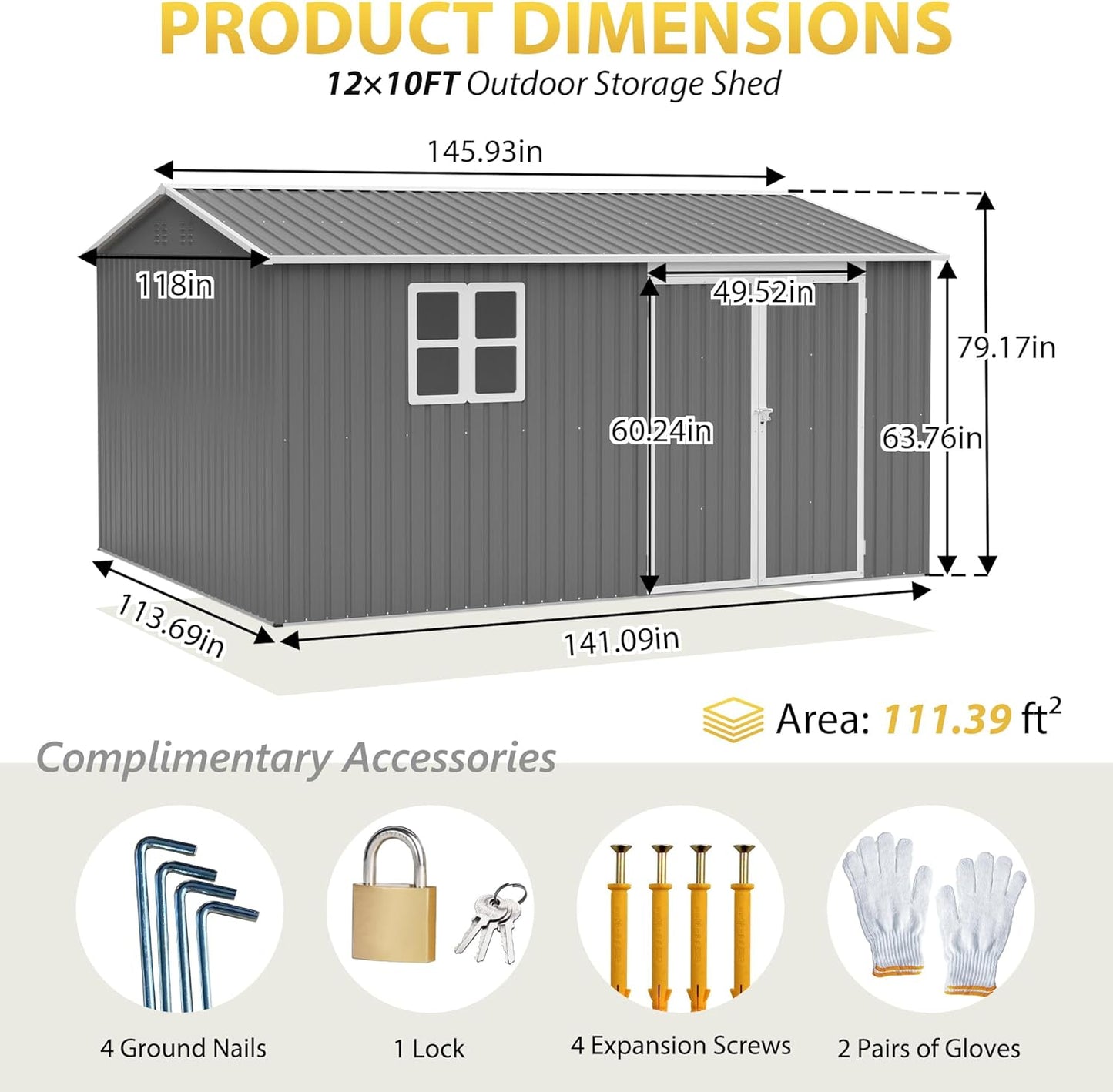 12x10 FT Outdoor Storage Shed with Floor Frame & Window, Heavy Duty Metal Garden Tool Shed with Double Lockable Doors, Waterproof Backyard Utility Shed for Bikes, Lawn Mowers, Tools, Equipment