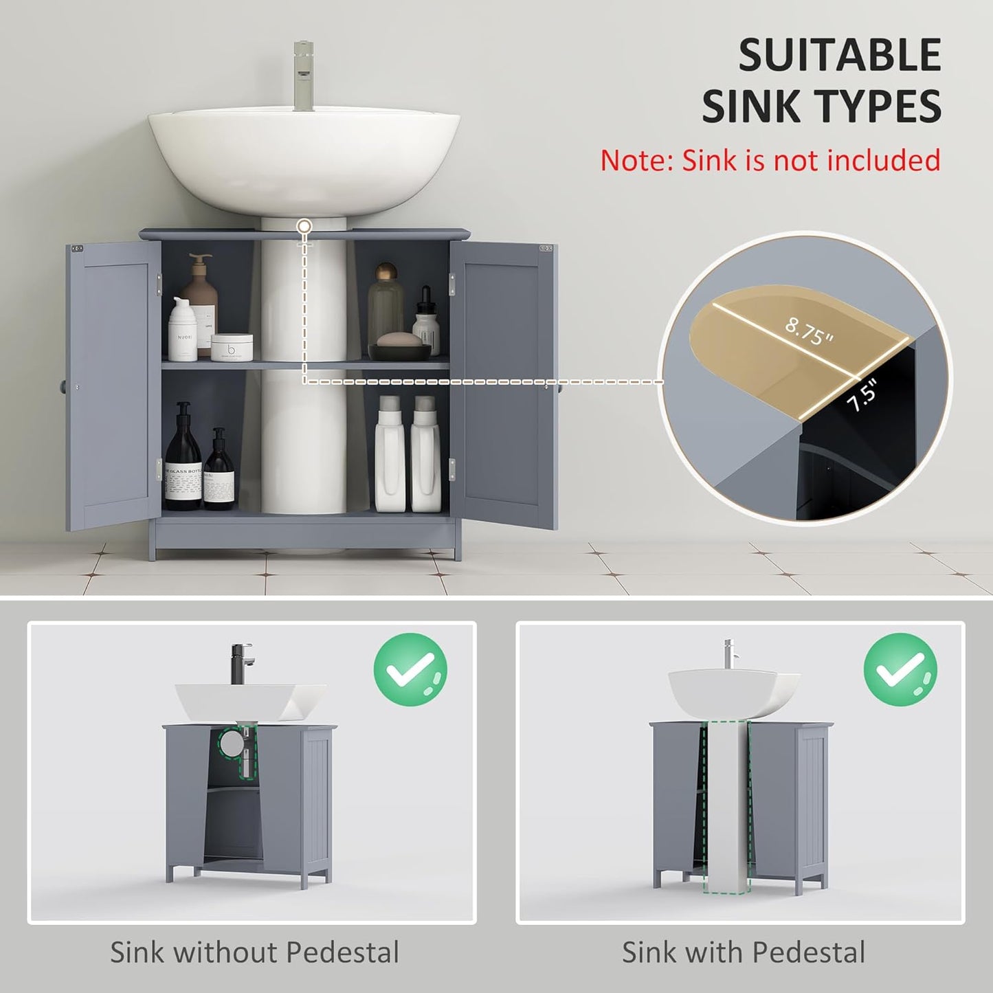 HOMCOM Under Sink Bathroom Cabinet with 2 Doors and Shelf, Pedestal Sink Bathroom Vanity Cabinet, Gray