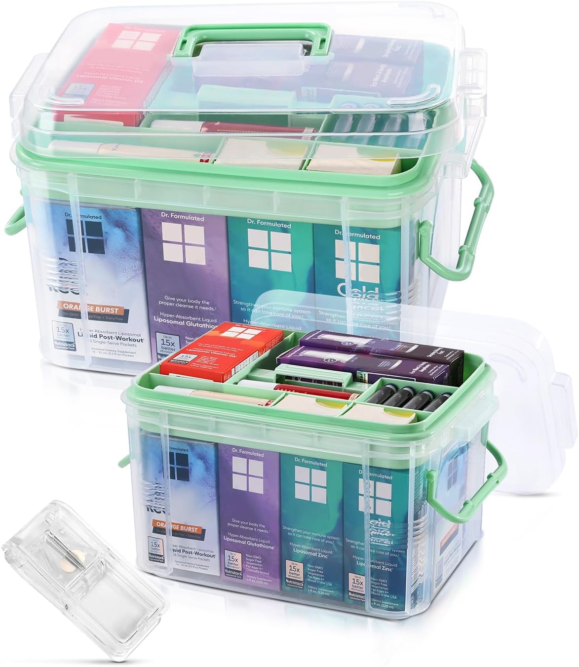 Medicine Organizer Storage Box with Pill Splitter,2 Pack Clear Portable Medicine Cabinet Organizer,Multipurpose Medicine Box with Lids,Trays,Labels,Handle,Empty First Aid Kit for Home,Travel