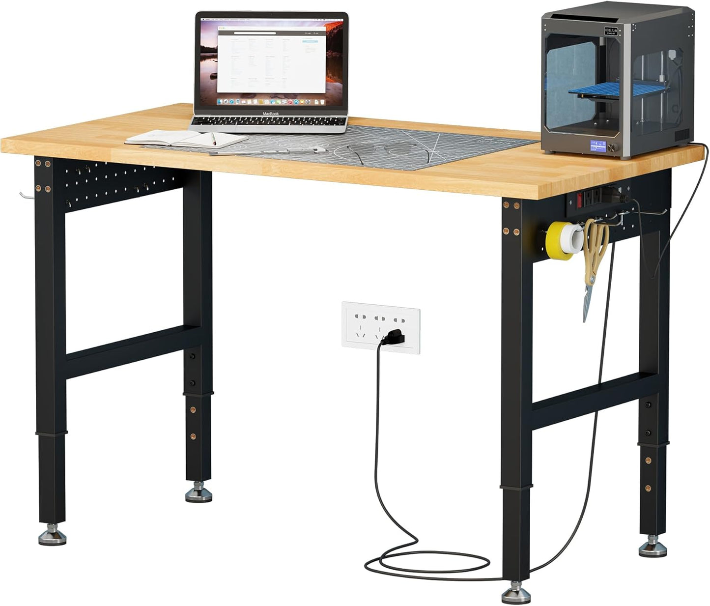 SPECRAFT Adjustable Heavy Duty Workbench with 4 AC Outlet and 2 USB Ports Power Outlets, 2000 Lbs Capacity, Rubber Wood Top for Garage, Workshop, Office