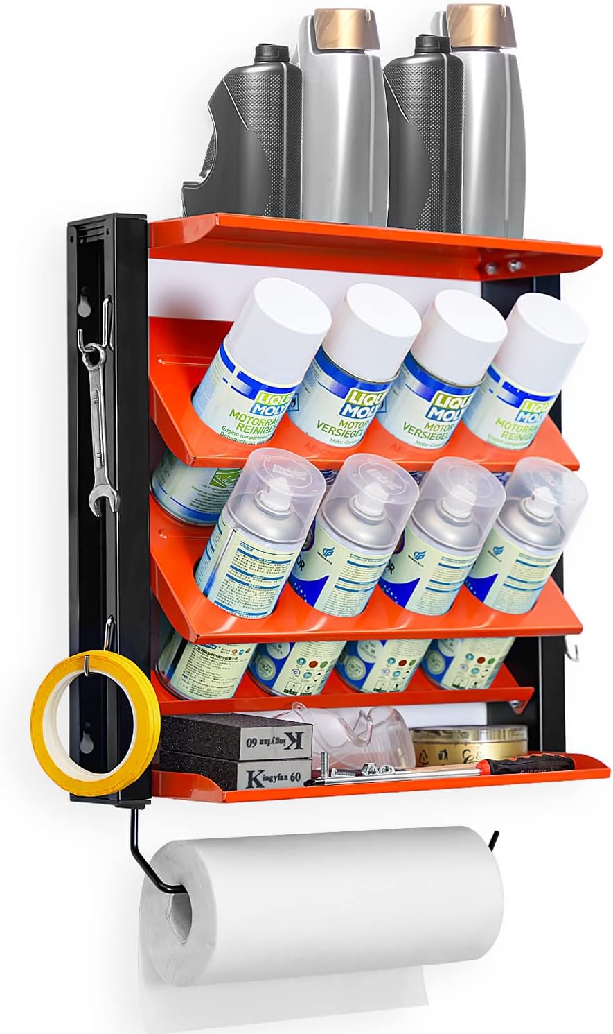 Ultrawall Spray Can Holder Rack With Paper Towel Holder, Steel Wall Mounted Spray Bottle Holder, Garage Wall Mount Shelf, Utility Storage Rack, Tool Storage Rack, Holds 100 lbs