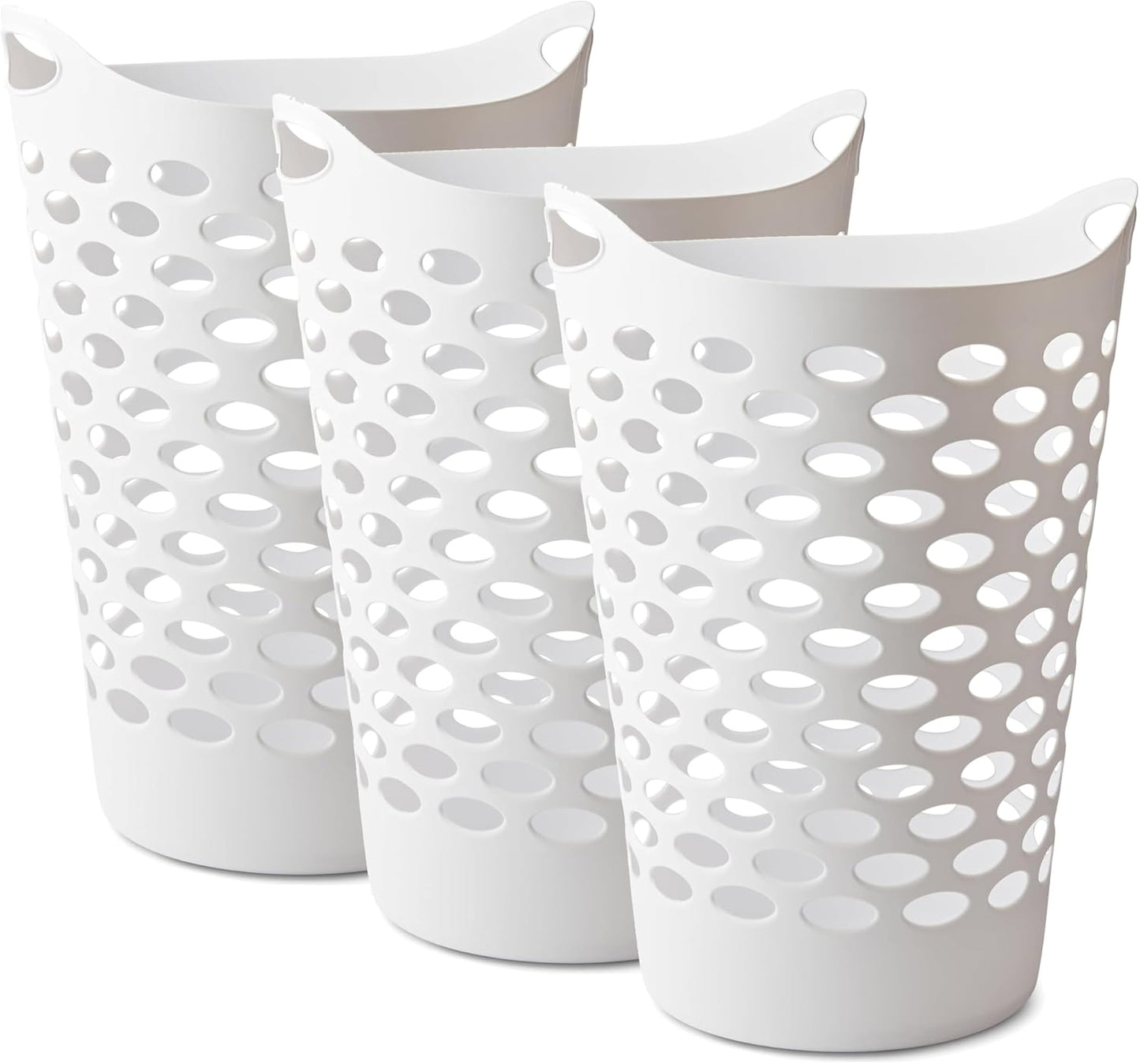 3 Pack Round Plastic Laundry Hamper with Handles, Lightweight & Flexible, 2.2 Bushels Large Capacity, Easy to Clean, Space Saving Laundry Basket for Bedroom, Dorm, Bathroom, White