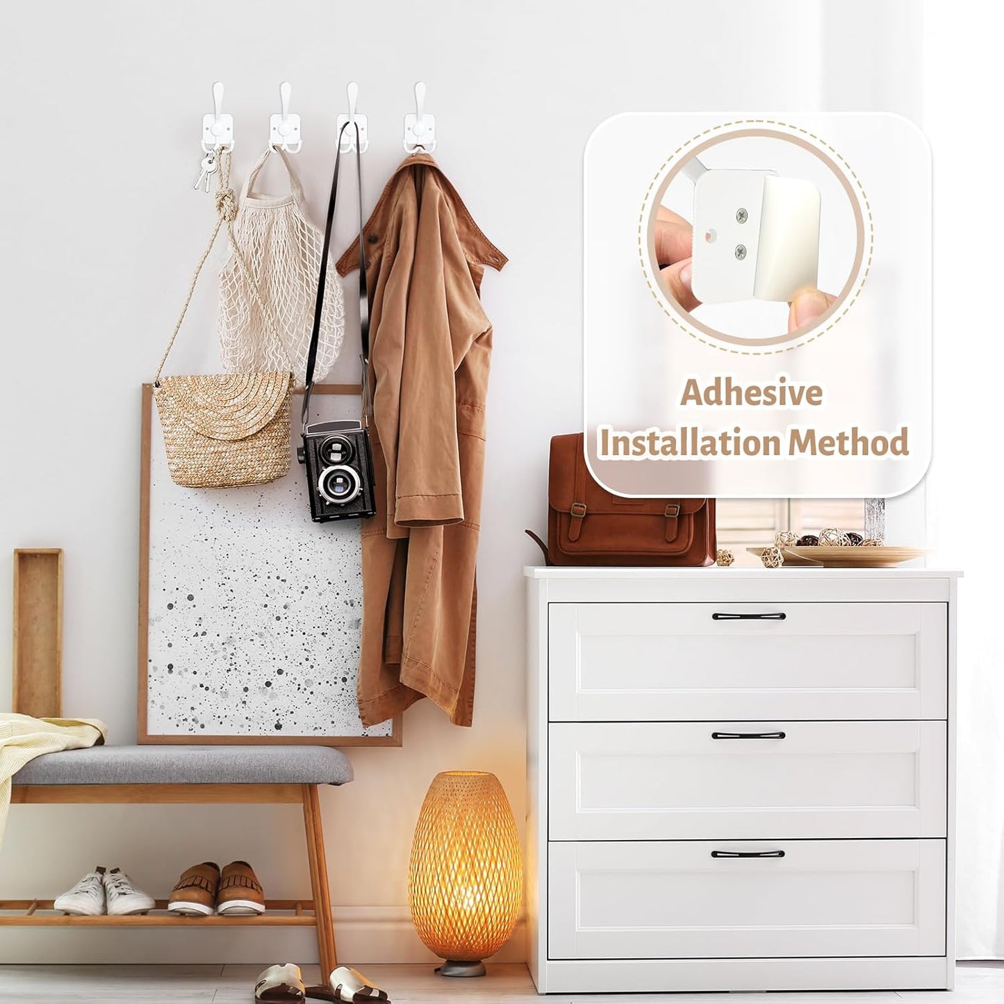 VIS'V 3 Prong Coat Hooks Wall Mount, Metal Self Adhesive Entryway Wall Hooks, 2 Mount Options, White, 4 Pcs