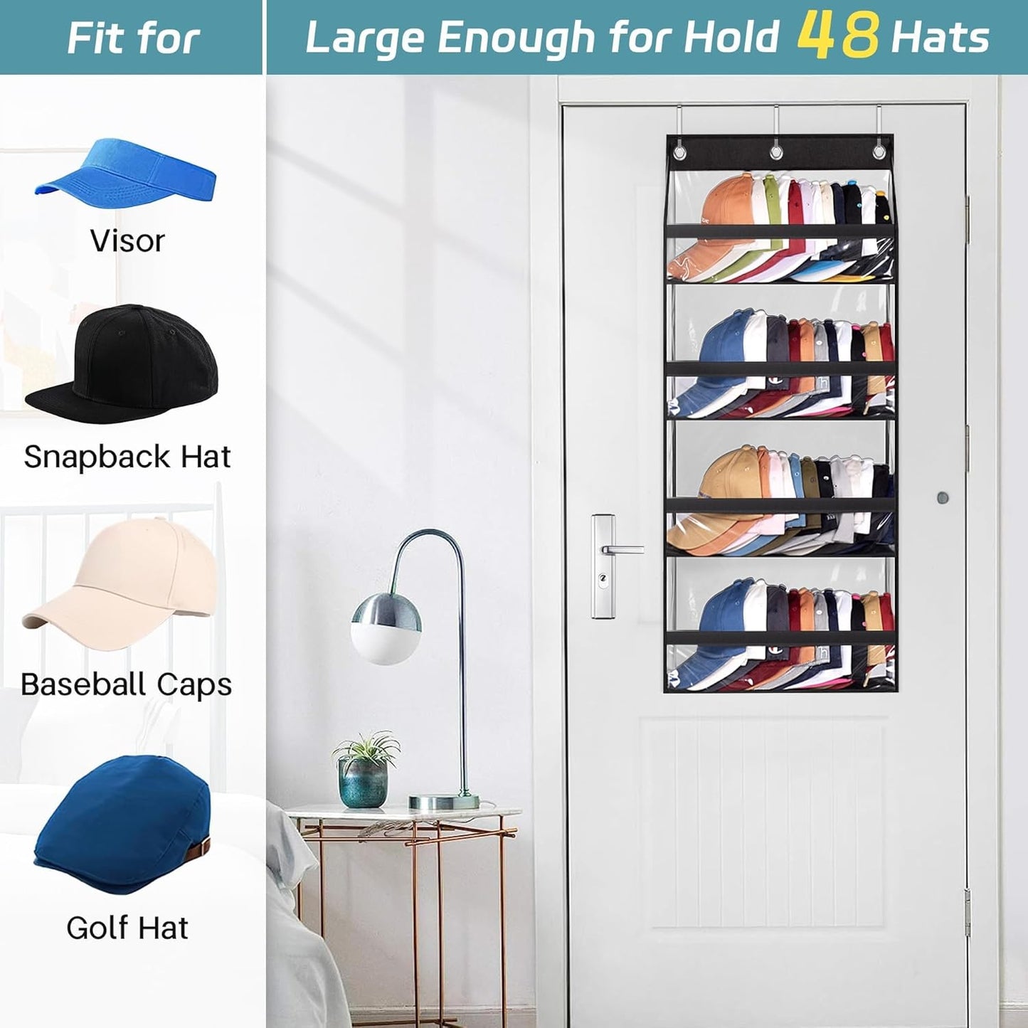 AOODA Clear Over the Door Hat Racks for Baseball Caps, Hold 48 Caps Hat Storage Organizer for Closet Wall, Deep Pockets Hanging Snapback Holder Shelves with 3 Hooks, Black