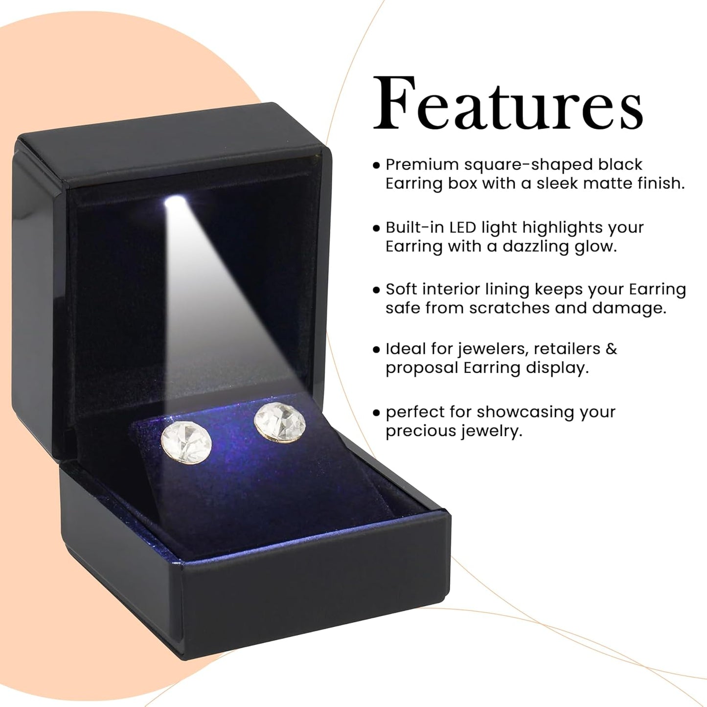 Novel Box Square Shaped Black Earring Box With LED Light 2.25X2X2.5 Inches - Jewelry Earrings Case Best for Jewelry Displays - Gift Box for Mother's Day, Engagement, Anniversary & more Happy Occasions