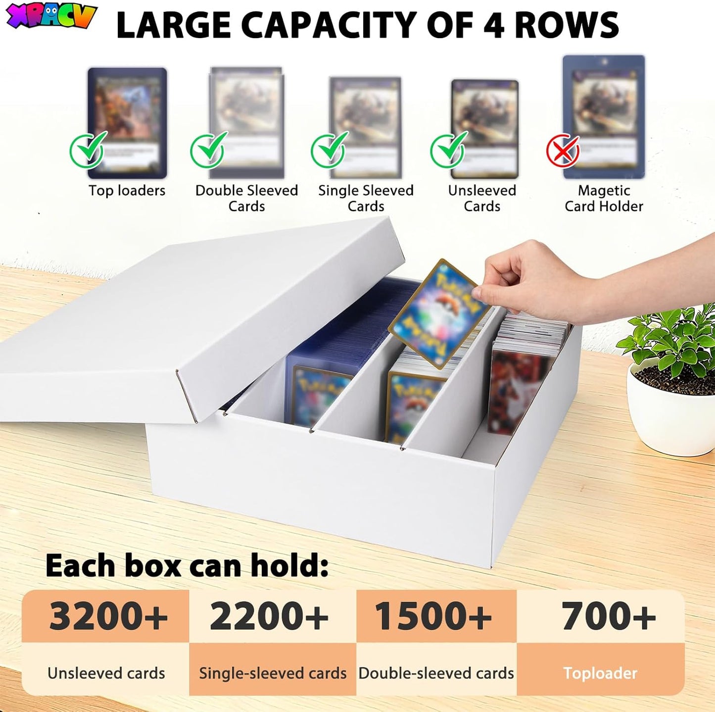 5 Pack Toploader Trading Card Storage Box, 4 Row 3200 Count White Cardboard Storage Box for Basketball/MTG/TCG/Sports/Game Cards Organizer and Collection