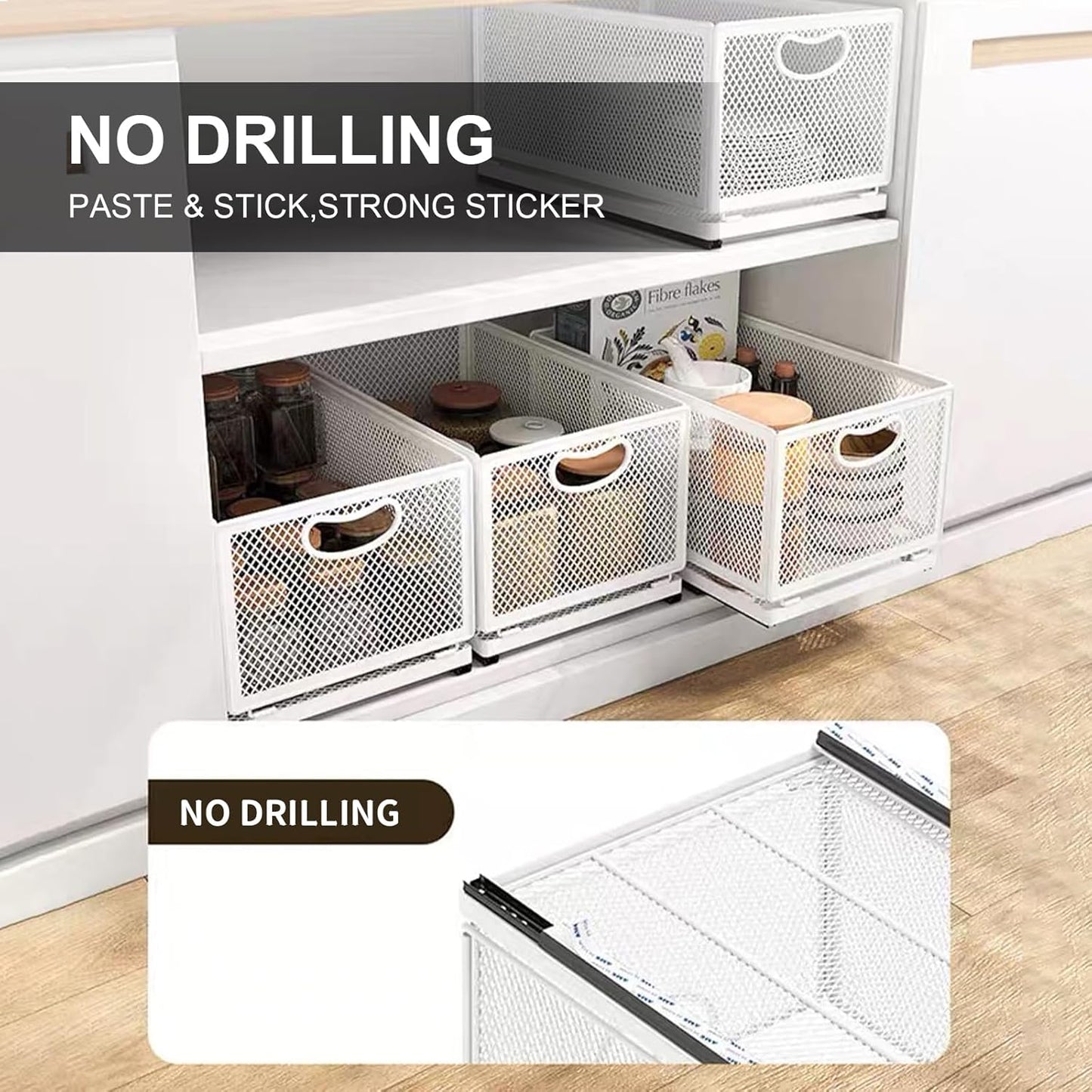 Sliding Cabinet Basket Organizer Drawer Self Adhesive Slide out Pantry Shelves Heavy Duty Carbon Steel Slide Cabinet Storage Basket with Handle for Bathroom Kitchen Home