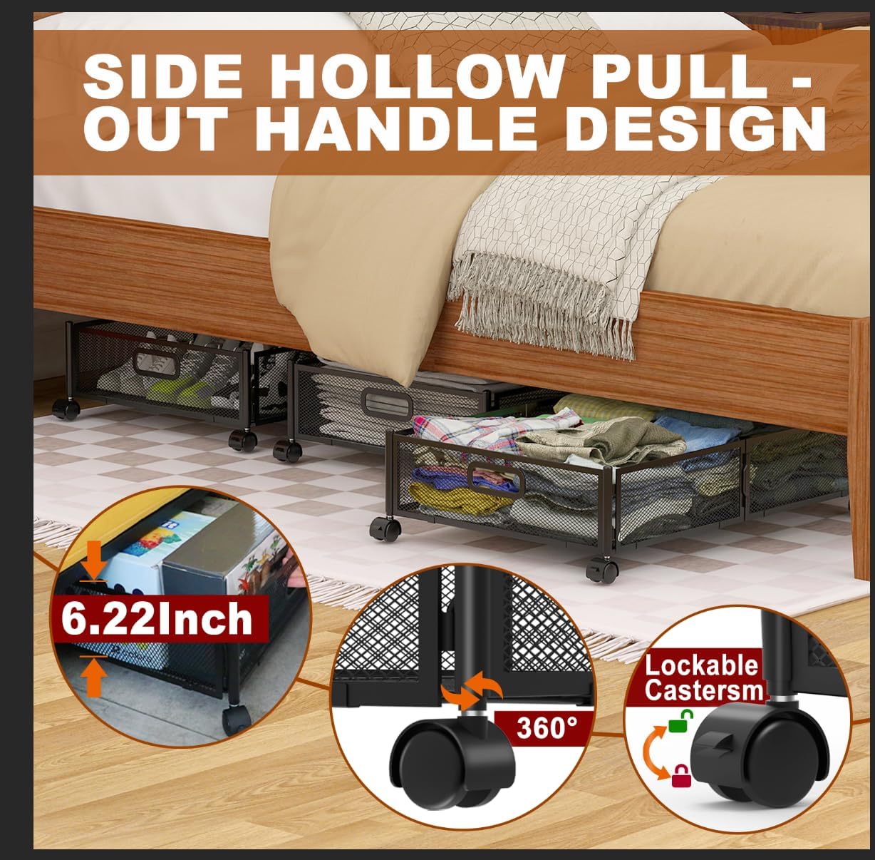 Under Bed Storage Containers,4 Pack Foldable Underbed Storage Containers with Handles and Wheels,Folding Bed Shoes Clothes Organizer,Easy Assembly Underbed Storage for Toy,Bedding,Bedroom(Black)