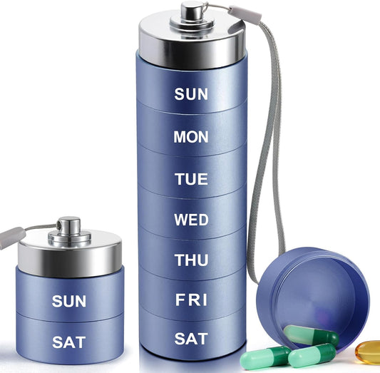 Metal Weekly Pill Organizer, Large Travel Pill Box, Portable Aluminum Alloy Waterproof Container, 7 Day Daily Medicine Organizer Holder for Vitamin, Fish Oil, Supplement, Dark Blue