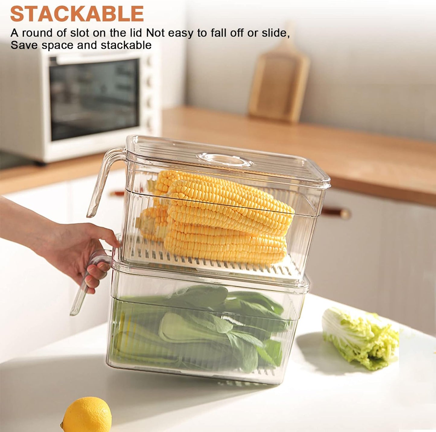 Loobuu 2 Pack Plastic Food Storage Produce Containers for Fridge, Stackable Lettuce Keeper for Refrigerator with Removable Drain Tray Keep Fresh for Vegetables/Fruit/Berry/Salad - 10'' x 5.3'' x 5.2''