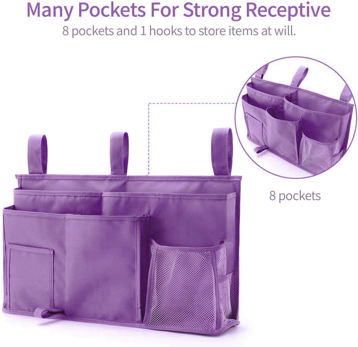 Bseash Bunk Bed Organizer, Bedside Caddy Hanging Bed Organizer Storage Bag 8 Pockets, for College Dorm Rooms Bed, Hospital Bed, Baby Bed Rails, 600D Oxford Cloth (Purple)