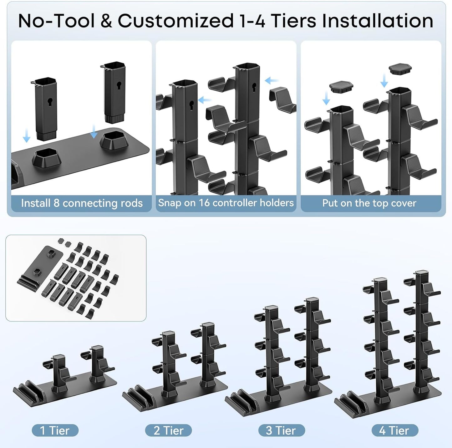 Headphone and Game Controller Desk Stand for PS5/ Xbox/ PS4 Controller, 4 Tiers Headset Hanger with Organizer for Switch 2/1/PS Portal Game Console, Multiple Controller Storage Dispay Rack-16 Hooks