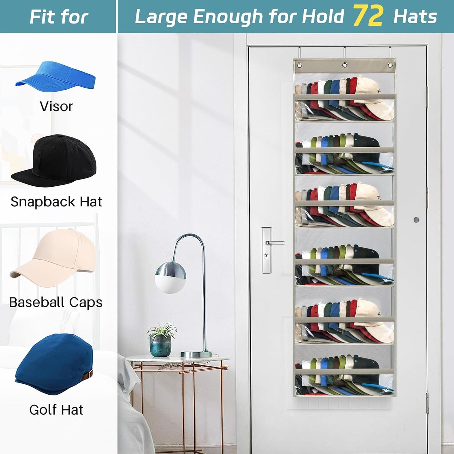 AOODA Clear Over the Door Hat Racks for Baseball Caps, Large Holds up to 72 Caps Hat Storage Organizer for Closet Wall, Deep Pockets Hanging Snapback Holder Shelves with 3 Hooks, Grey