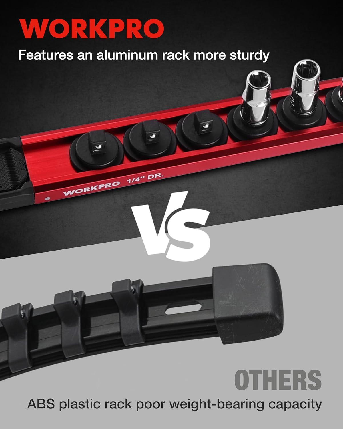 WORKPRO Magnetic Socket Organizer Set, 1/2" 3/8" 1/4" Drive Aluminum Alloy Socket Holder, 3PC Socket Rail with Removable Socket Clips, Socket Organizer Tray for Tool Box Drawer (Sockets Not Included)