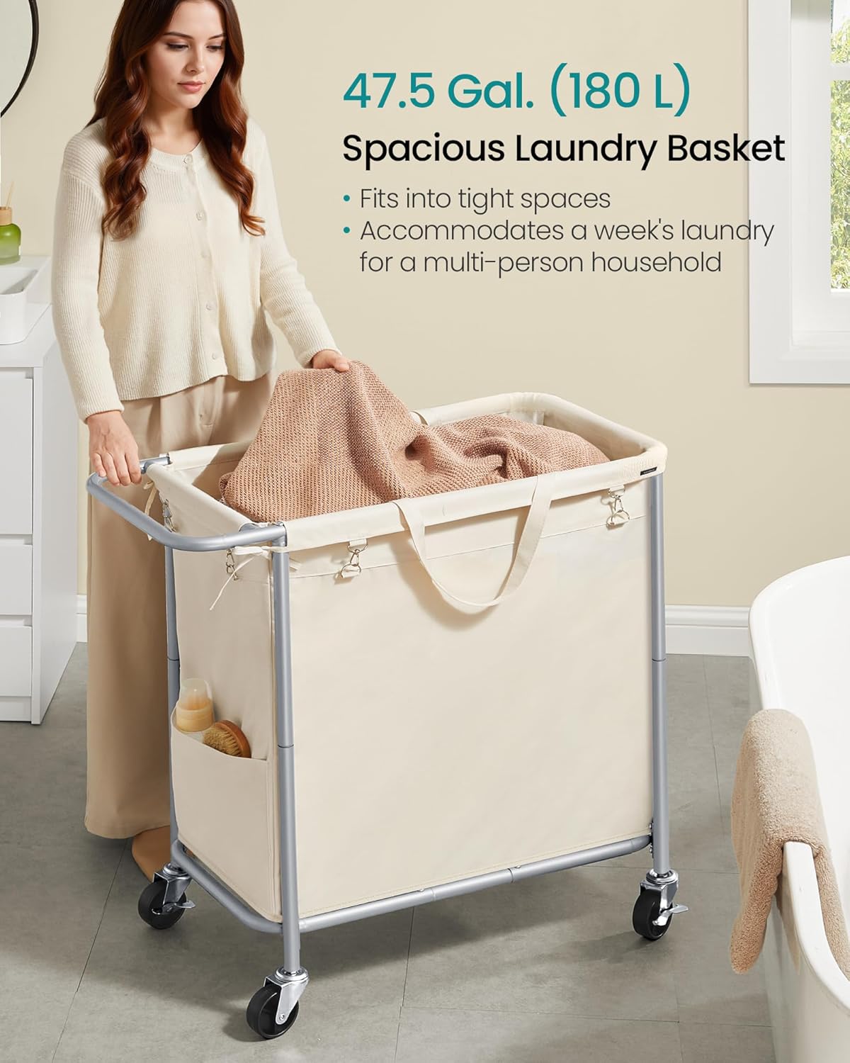 SONGMICS Laundry Basket with Wheels, Rolling Laundry Hamper, 47.5 Gallons (180 L), Removable Liner, Steel Frame with Handle, 31.5 x 15.4 x 31.9 Inches, Cream White URLS011W01