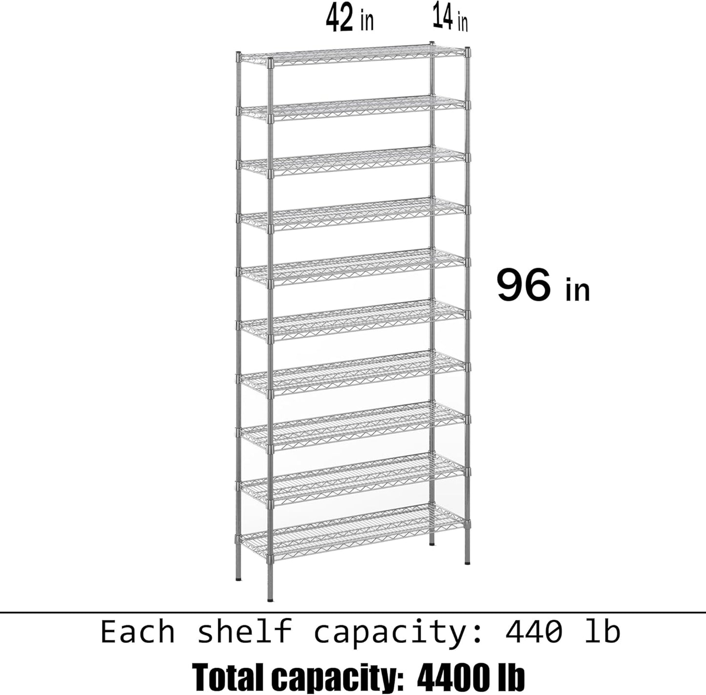 14" Deep x 42" Wide x 96" Height Wire Shelving Kit | 10-Tier | NSF Commercial Storage Rack Unit