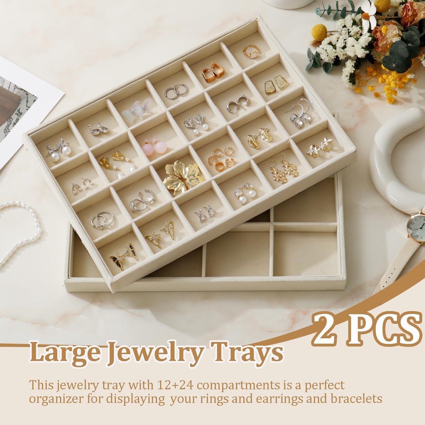 Large Velvet Jewelry Tray 2 Pack Stackable Jewelry Display Drawer Inserts Trays Organizer for Earring Bracelet Necklace Ring (Beige, 12 Grids+24 Grids)