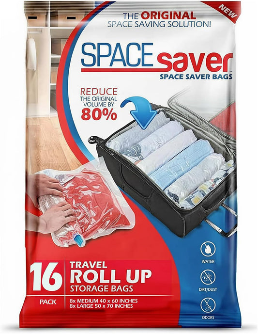 Spacesaver 16 Pack Roll Up Vacuum Storage Bags for Blankets & Clothes - Vacuum Sealed Compression Bags with Hand Pump - Space Saver Storage Bag for Bedding, Moving, Travel & Organization (8S & 8M)