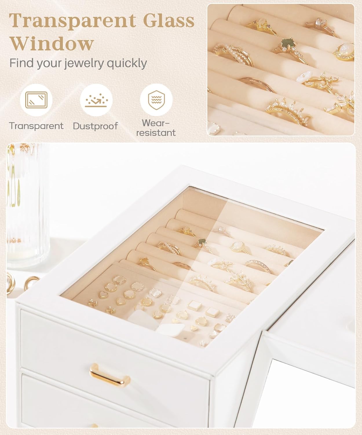 Homde Women Mirror Jewelry Box: Organizer Case with Clear Lid for Ring Necklace Earring - Christmas Gift for Young Women (White)