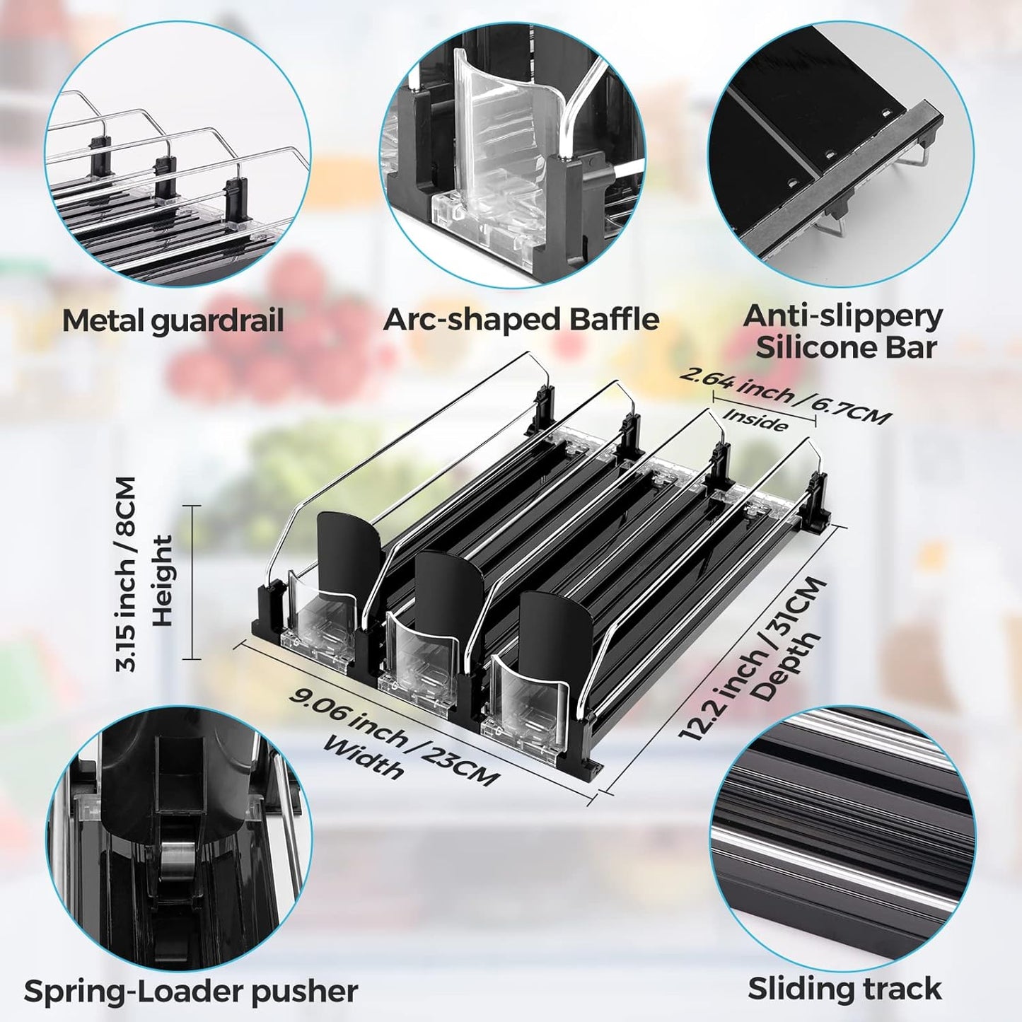 Drink Dispenser for Refrigerator, Self-Pushing Soda Can Organizer for Fridge, 3 Rows has been Assembled, Automatic Can Organizer with Spring Loaded for Refrigerator Holds 12 cans, Black