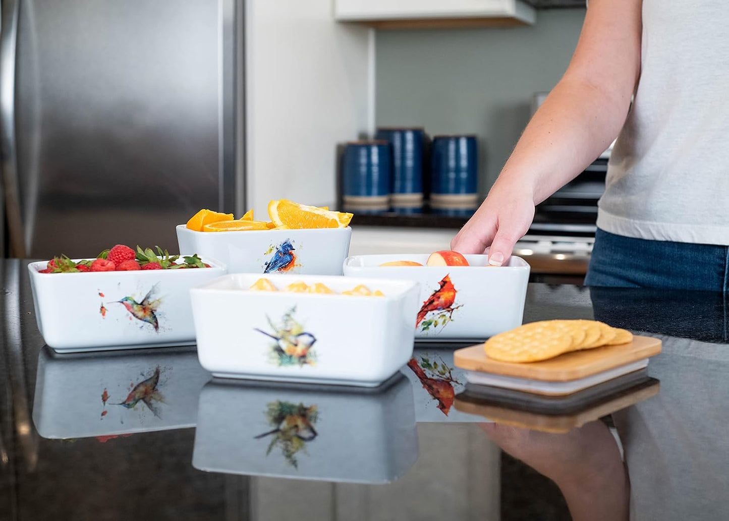Nat & Jules Dean Crouser Ceramic Stoneware 1/2 Pound, 2 Sticks Butter Dish Airtight Bamboo Lid, Kitchen Accessory, Container Holder, Refrigerator Storage, Countertop Organization, Watercolor Bluebird