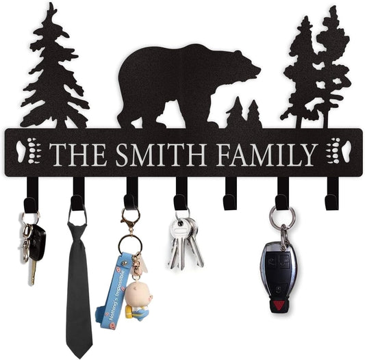 Personalized Key Holder for Wall, Custom Metal Black Bear Coat Hook Key Holder with Name, Metal Key Rack Hanger Organizer for Entryway, Front Door, Hallway, Kitchen, Office Decor