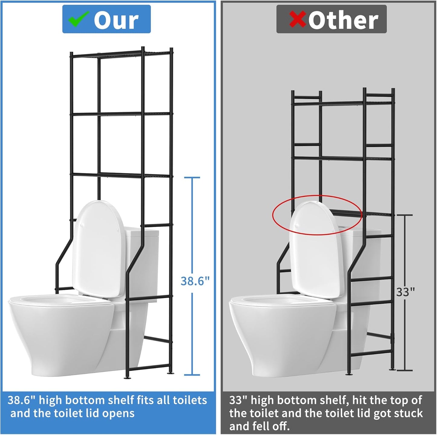 3-Tier Over The Toilet Storage, Freestanding Metal Bathroom Shelves, Space Saver Above The Over Toilet Storage Shelf for Bathroom (Black)
