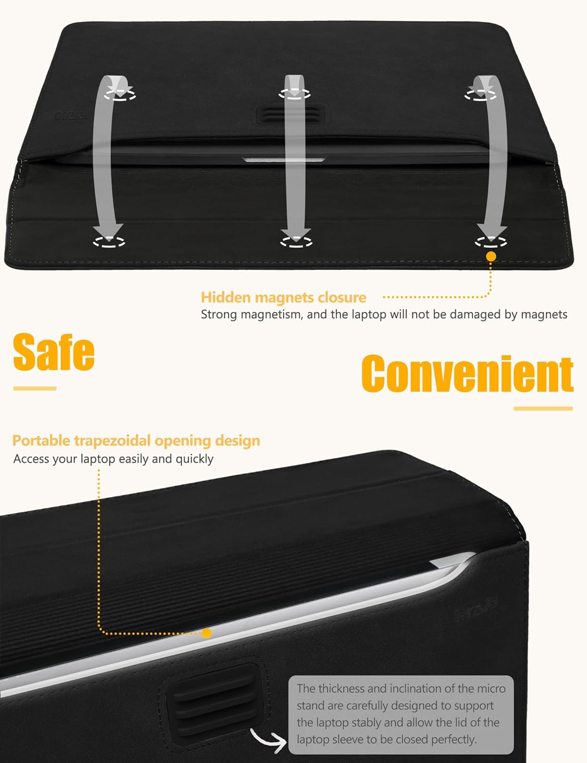 HYZUO 13 Inch Laptop Sleeve with Stand Feature for MacBook Air 13 M4 M3 M2 M1 2025-2018, MacBook Pro 13 M2 M1, 13" iPad Pro/Air, Surface Pro, with Carry Bag, Black