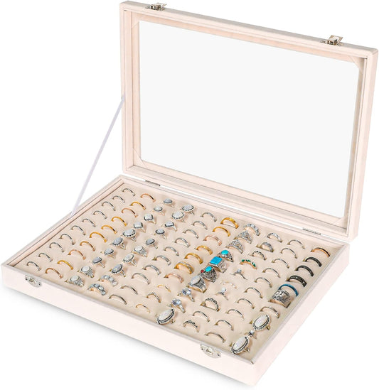 Frebeauty Ring Organizer Tray 100 Slots Ring Holder with Clear Lid Velvet Storage Box Jewelry Tray for Jewelry Store Earring Display Case for Jewelry Show Studs Box for Women(Beige)