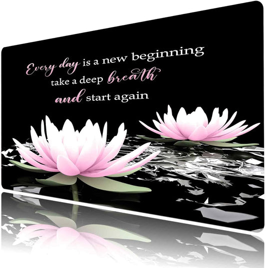 LB Pink Water Lily Flower Inspirational Large Mouse Pad with Motivational Quotes, Non-Slip Rubber Base Black White Aesthetic Desk Pad for Home, Office, Gaming Mouse Mat, 15.75" x 31.5"