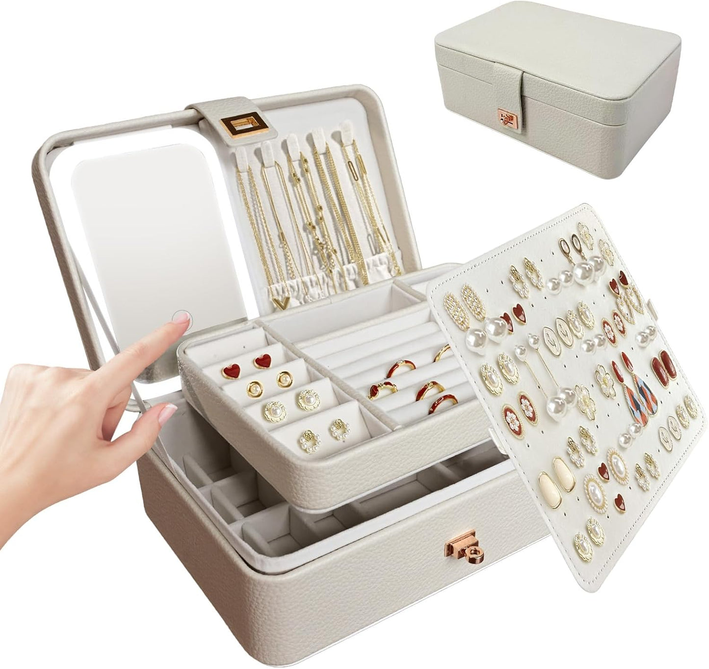 LED Jewelry Box with Mirror- Jewelry Organizer with Movable Compartment Pieces, 6.69 x 9.45 x 3.74 Inches, PU Surface Womens Jewelry Case for Necklaces, Rings, Bracelets, Gift for Women,Cloud White