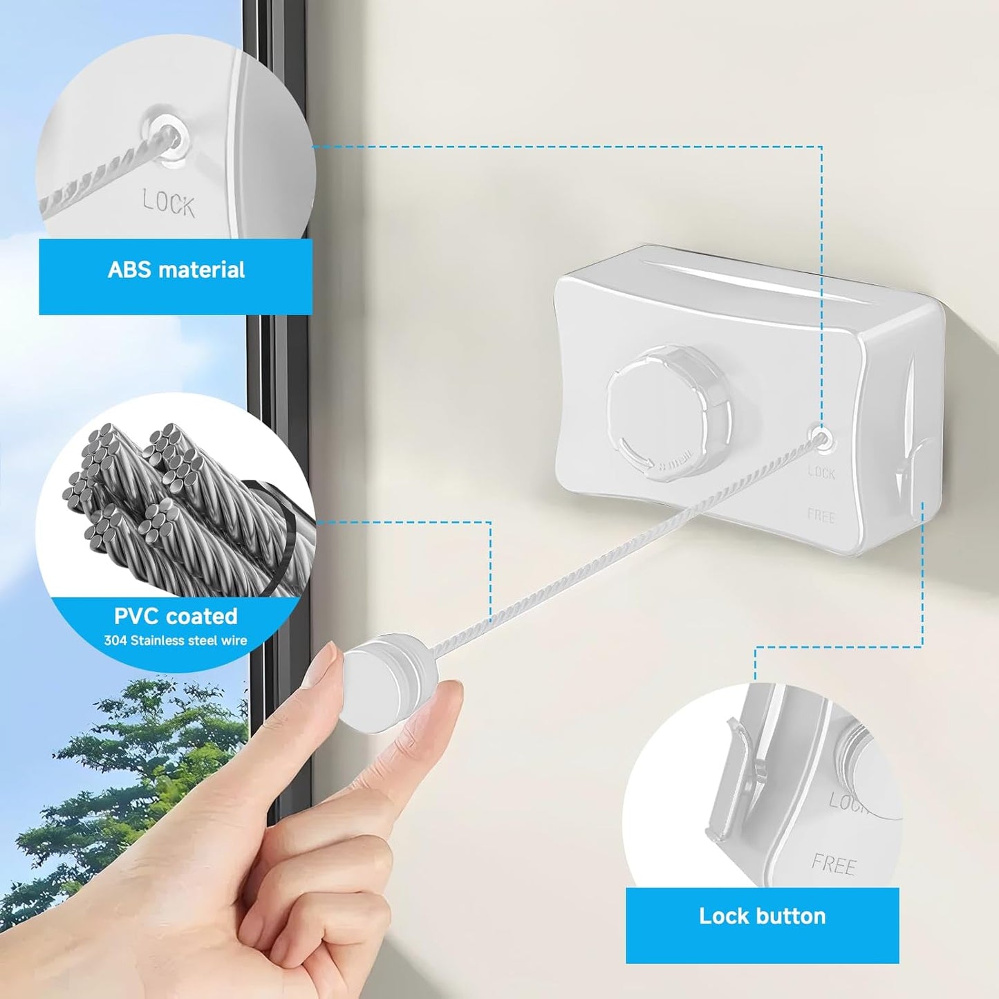 Retractable Outdoor Clothes Line,Heavy Duty Clothes Drying Laundry Line Wall Mounted Stainless Steel Line-16.7 Feets-White