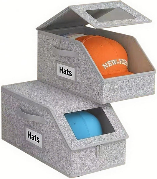 2 Pack Hat Organizer Box for Women & Men, Foldable Storage Box with Clear Lid for Baseball, Cowboy Caps, Stackable Clear Hat Organizer, Store up to 28 Caps, Grey