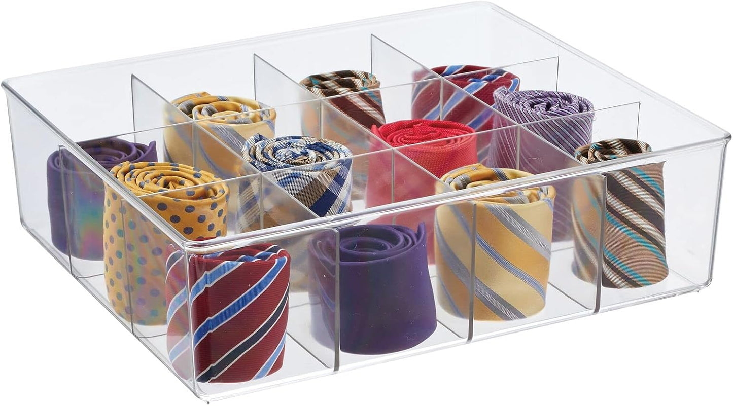 mDesign Plastic 12 Compartment Divided Drawer and Closet Storage Bin - Organizer for Scarves, Socks, Ties Bras, and Underwear - Dress Drawer Organizer, Shelf Organization - Clear