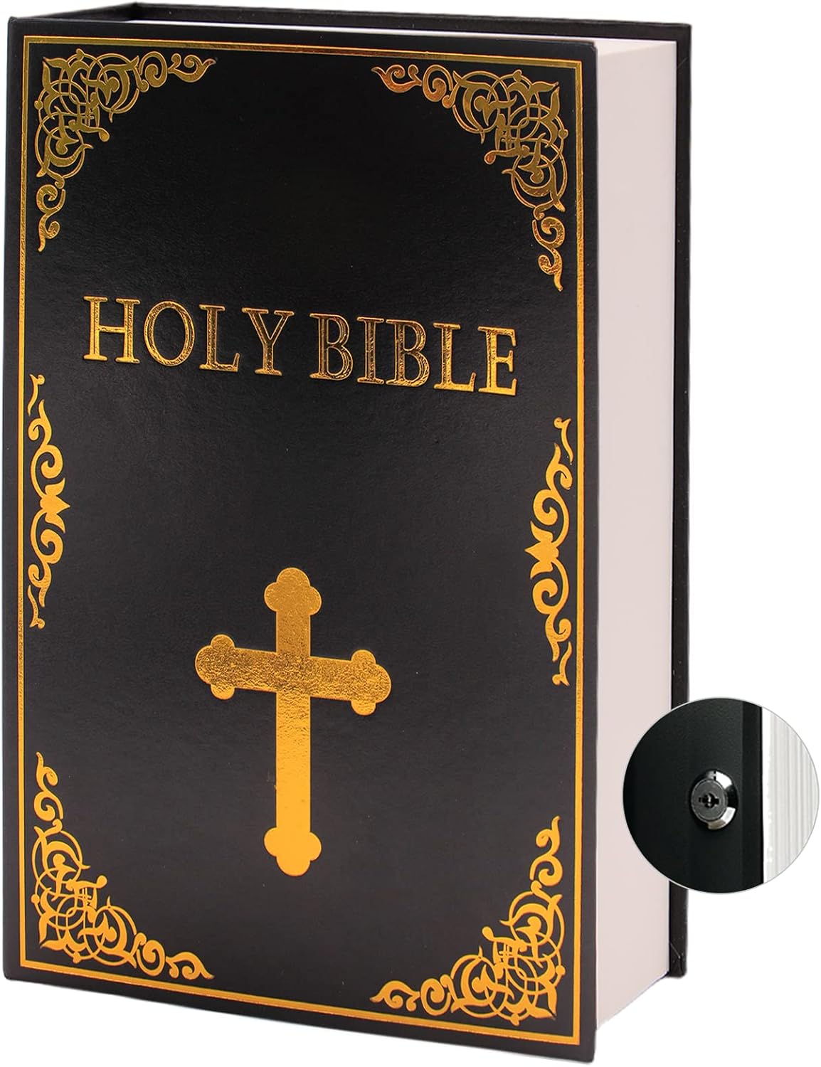 Leather Book Safe (Size 10.79"×7.72"×1.97") Real Paper Secret for Jewelry, Money and Cash, Diversion Book Safe,Hollow with Hidden, Key Lock (L, Bible-Key)