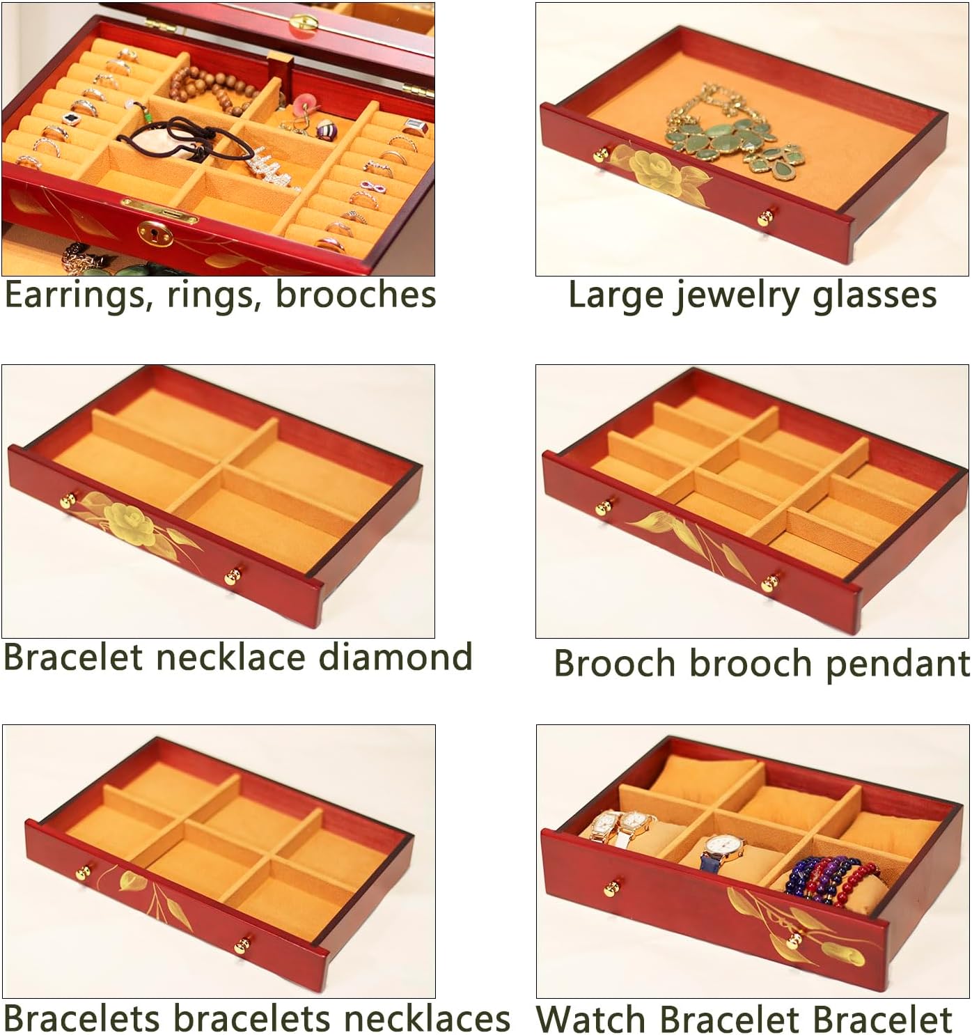 Hand-drawn rose wood jewelry box 6-Layer Jewelry Organizer for women,Large capacity jewelry storage box with lock in red color,store glasses,watches,necklaces,rings,earrings