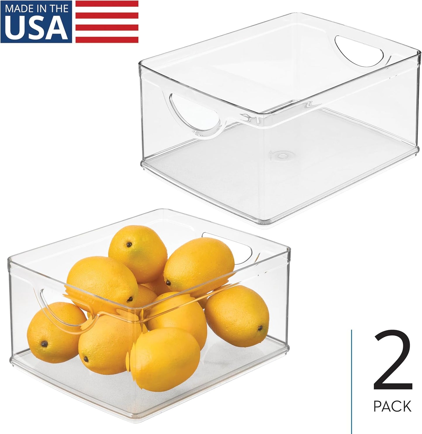 iDesign Pantry Storage Bins with Handles - Organizer Bins for Cabinets or Fridge - Set of 2 - Clear