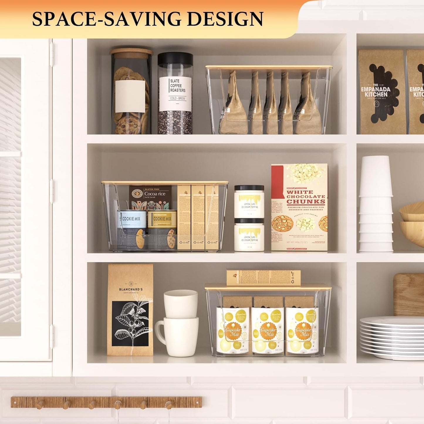 2 Set Pantry Organizers and Storage - Clear Stackable Bins with Bamboo Lid for Fruit, Onion, Potato, Vegetable - Trash Bag Holder Dispenser Under Sink Organizer for 4-13 Gal Bags