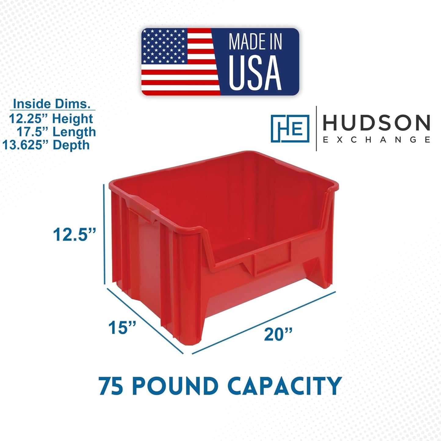 Hudson Exchange 20" x 15" x 12.5" (1 Pack) Plastic Giant Stackable Hopper Bin Container, Red