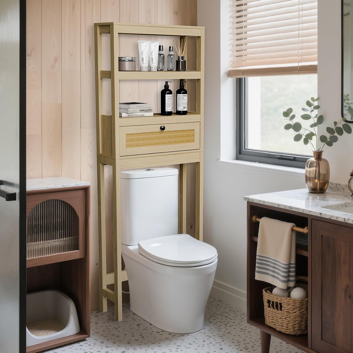 Over The Toilet Storage Cabinet, 3-Tier Behind Toilet Bathroom Organizer, Wooden Above Toilet Storage Shelf with Rattan Door, Space Saver for Restroom, Bathroom, Laundry
