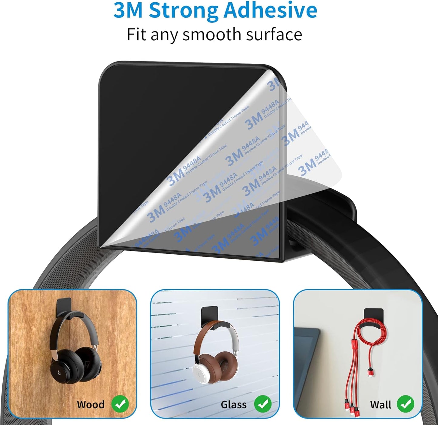 SOKUSIN Headphone Stand Headset Holder - Adhesive Gaming Earphones Hanger, Universal Desk Wall Mount Hook for All Headphone/Controller, Compatible with Beats, AirPods Max,Sony, JBL (Black)