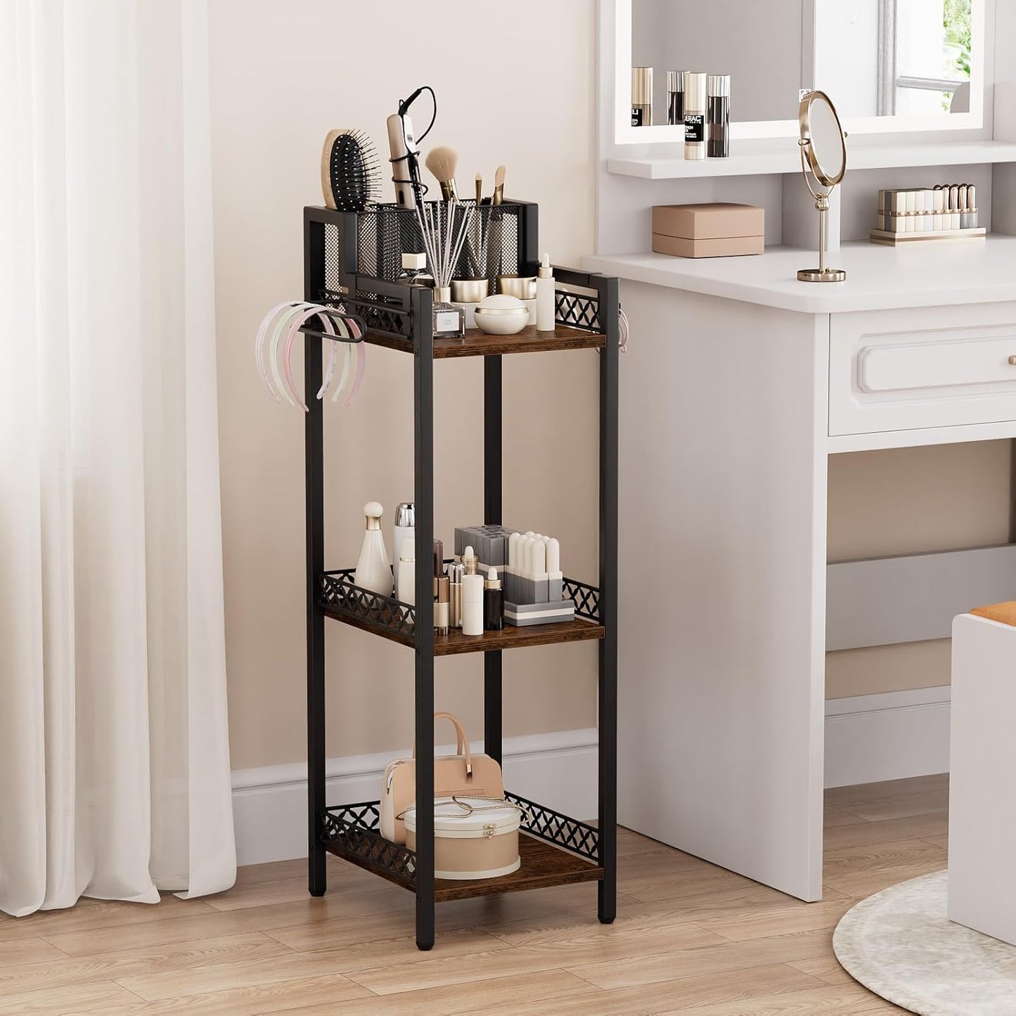 Bathroom Storage Shelf Hair Dryer Holder, 3-Tier Narrow Metal Standing Rack with Toilet Paper Holder, Multifunctional Corner Unit Rack for Cosmetic, Curling Irons (9.85“ Black Without Drawer)